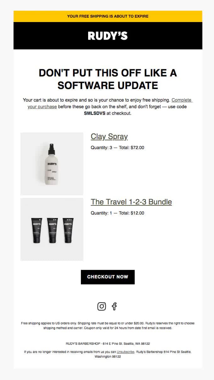 Cart abandonment email example
