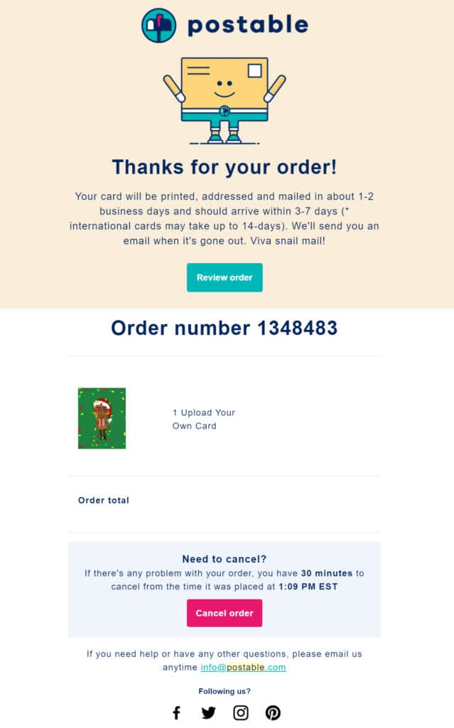 Thank you for your order email example