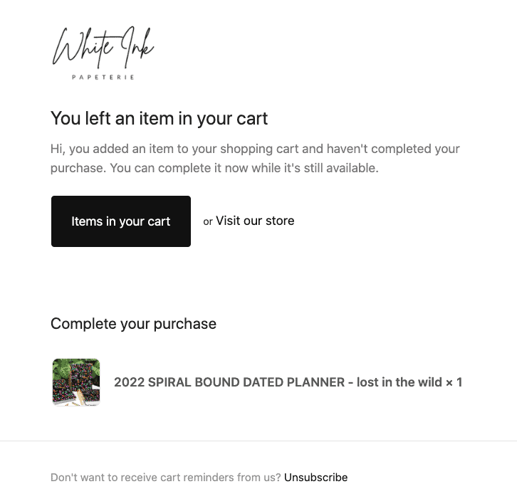 Shopping cart abandonment mail example for eCommerce