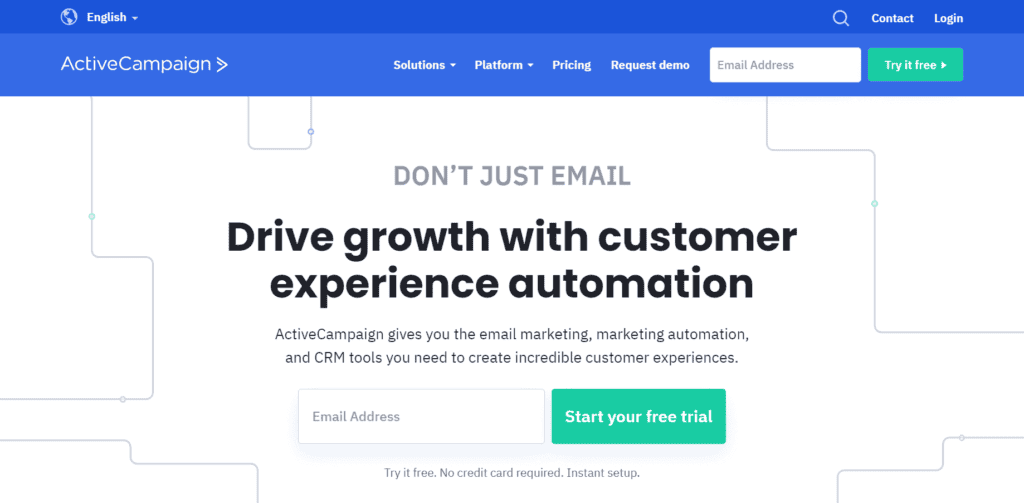 ActiveCampaign CRM homepage screenshot—HubSpot alternative for marketing automation
