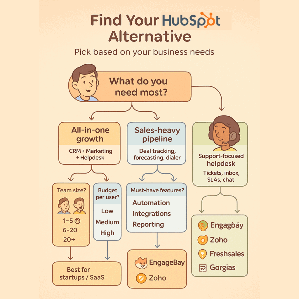 Flowchart: how to pick the ideal HubSpot alternative based on business needs.