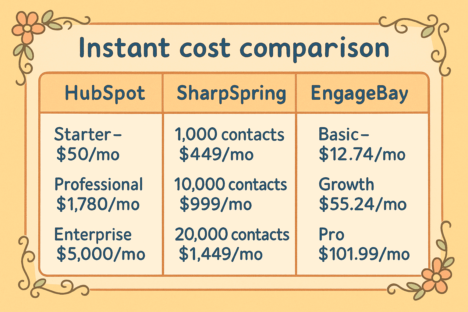 SharpSpring vs HubSpot vs EngageBay pricing table 2025