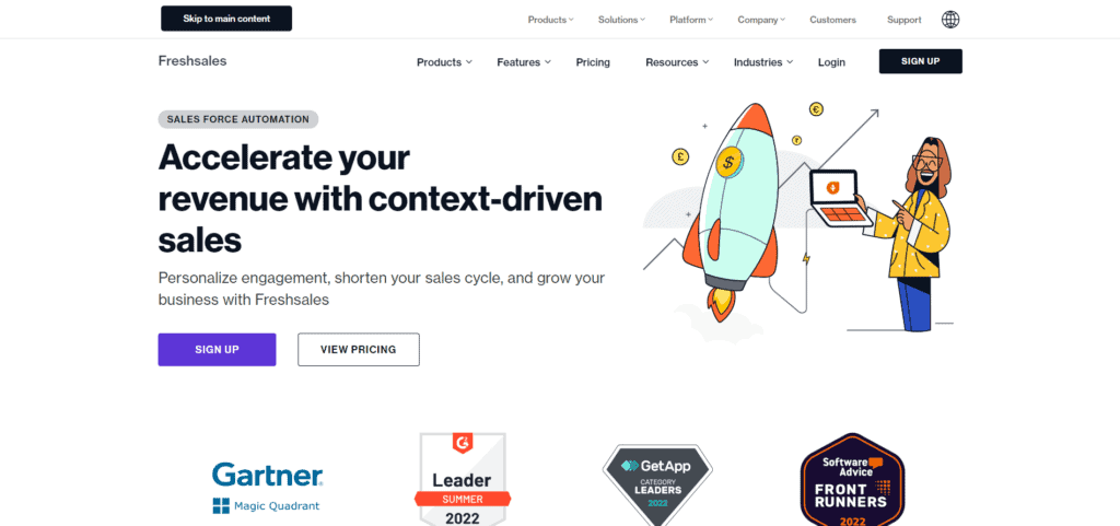 Freshworks CRM homepage screenshot—HubSpot alternative for Ai powered sales automation