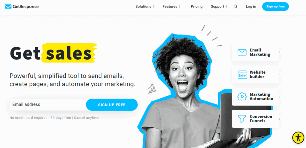 GetResponse CRM homepage screenshot—HubSpot alternative for webinar marketing