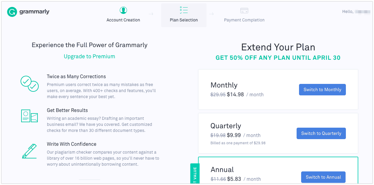 grammarly pricing plans
