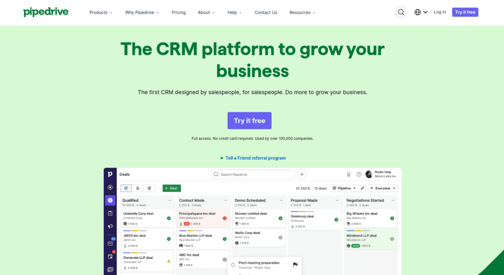 Pipedrive CRM CRM homepage screenshot—HubSpot alternative for sales CRM