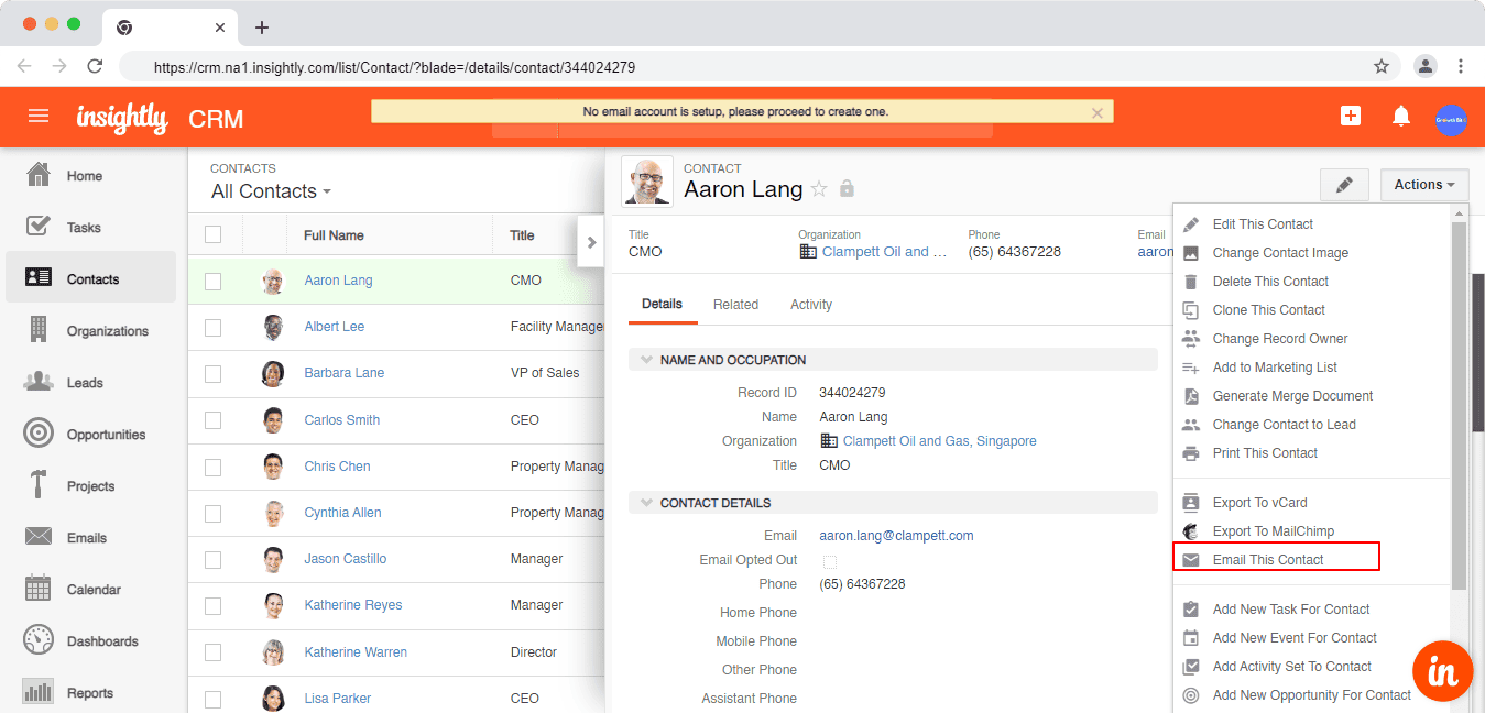 HubSpot vs Insightly: Sending emails in Insightly