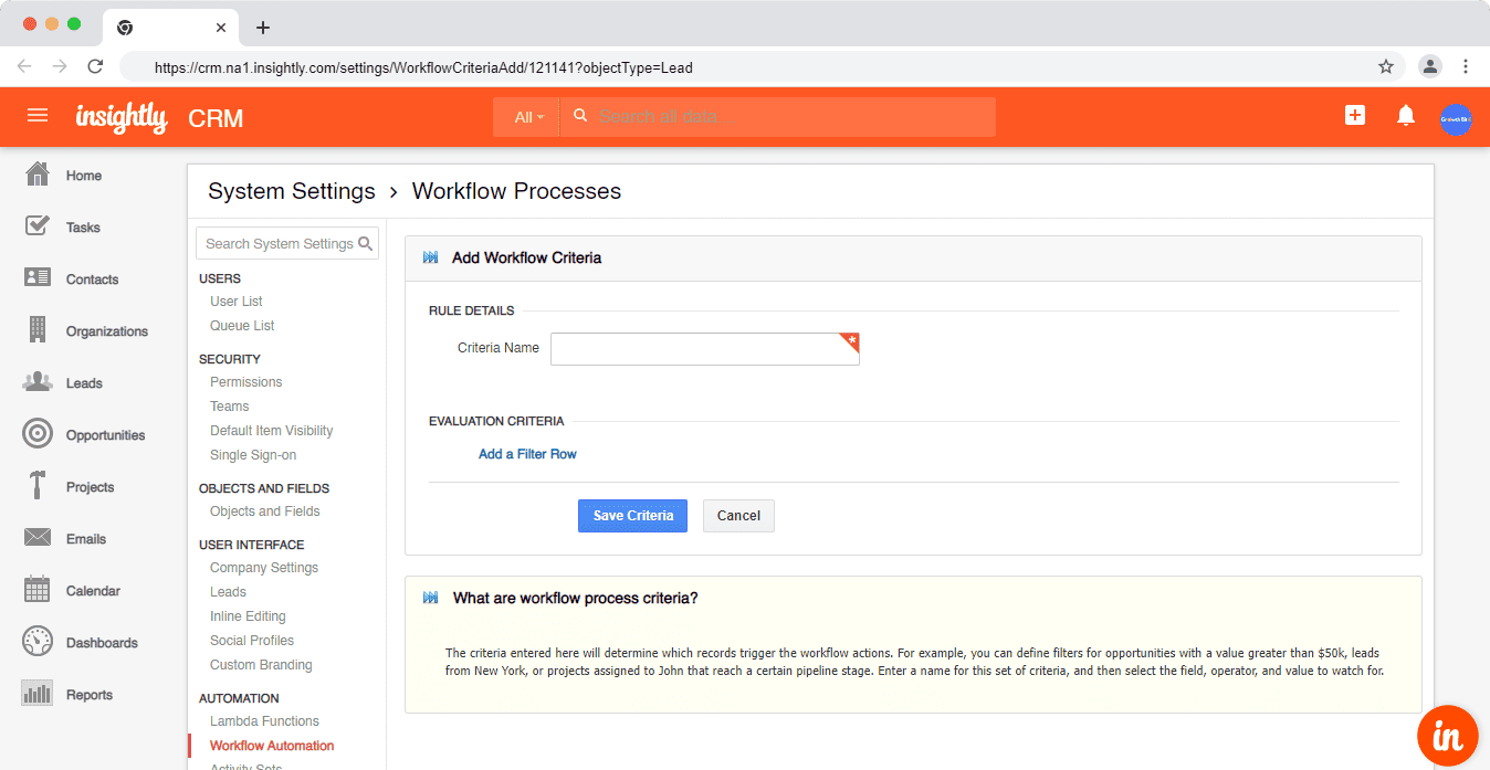 HubSpot vs Insightly: Workflow automation in Insightly