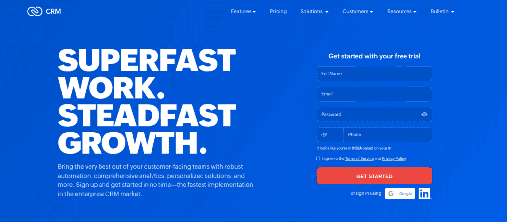 Zoho CRM homepage screenshot—HubSpot alternative for customizability